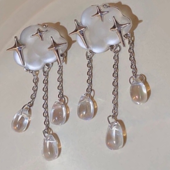 “Starry Rain Clouds” Frosted Glass Star Stellar Cumulus Weather Raindrops Dangle - Picture 7 of 16